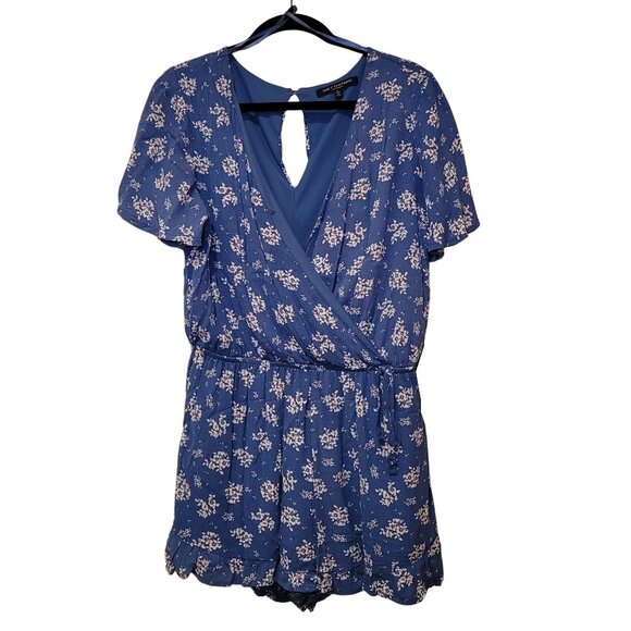 Lined Blue Floral Wrap Front Short Sleeve Romper Shorts Size Large - Picture 1 of 6